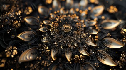 Intricate Black and Gold Floral Design on Dark Background