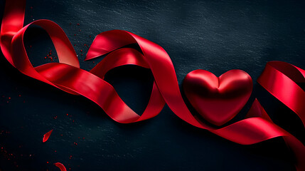 Red ribbon and heart on dark textured background, a symbol of love and romance.