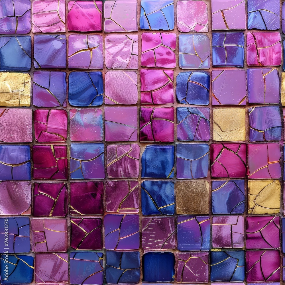 Poster A close-up view of a vibrant and intricate tile wall, showcasing a symphony of colors in a mesmerizing mosaic pattern