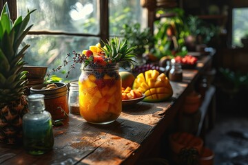 A mason jar filled with fruit sits on a wooden table by a window - obrazy, fototapety, plakaty