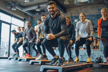 A group of people doing lunge squats on a step platform in the gym, dressed in sportswear and sweat pants, wearing sneakers - obrazy, fototapety, plakaty
