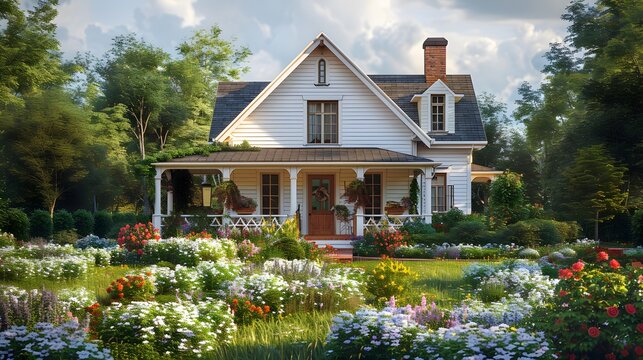 charming image of a white cottage-style house exterior, with quaint details, a welcoming front porch, and lush garden landscaping, captured in stunning 16k resolution.