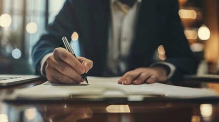 A focused depiction of a businessman signing a document, with emphasis on a female hand poised to authorize or consent to a legal agreement or contract - obrazy, fototapety, plakaty