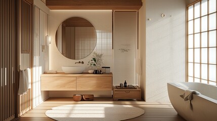 Tranquil bathroom with Japandi elements, a wooden vanity, and sliding paper doors


