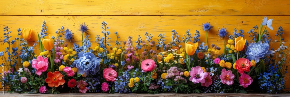 Poster A collection of vibrant and fragrant flowers arranged neatly on a shelf, casting a colorful and lively display in a serene setting
