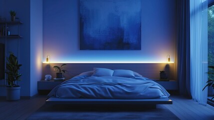 Tranquil bedroom in shades of misty blue, a platform bed, and adjustable wall sconces for soft lighting


