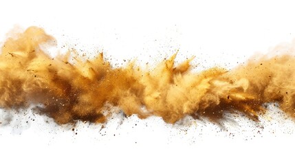 The yellow dry earth explodes on a white background, and the white background dust band explodes