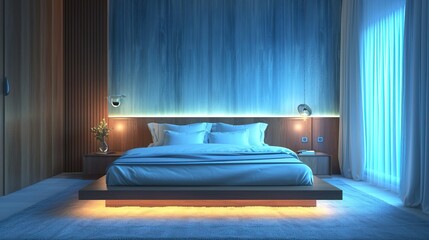 Tranquil bedroom in shades of misty blue, a platform bed, and adjustable wall sconces for soft lighting


