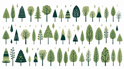 Forest elements. Cute green trees. Cartoon childish