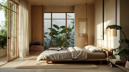 Tranquil Japandi Bedroom Oasis: Bedroom oasis with Japandi aesthetics, neutral tones, and a calming atmosphere.


