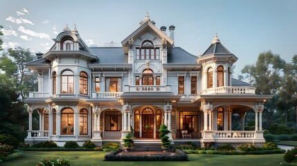 white Victorian-style house exterior, with ornate trim, bay windows, and a grand wraparound porch, evoking timeless beauty in ultra-realistic 16k detail.