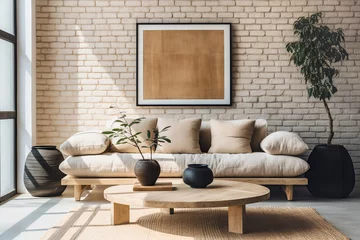 Foto op Canvas Boho interior design of modern living room, home. Round coffee table near beige sofa against brick wall. © Vadim Andrushchenko