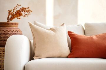 Boho interior design of modern living room, home. Clos up sofa with terra cotta and beige pillows.