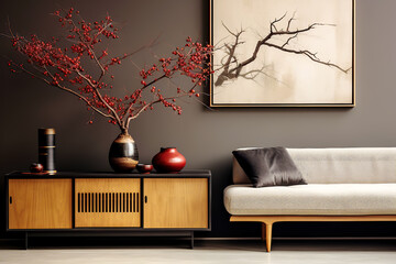 Naklejki  Japanese interior design of modern living room, home. Mid-century sofa near wooden cabinet against dark wall with poster, frame.