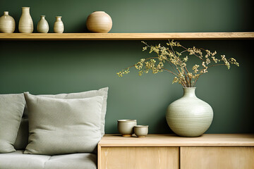 Shabby chic interior design of modern living room, home. Close up of clay vase on wooden cabinet near light green fabric sofa with pillows against dark green wall with shelf. - 762832424