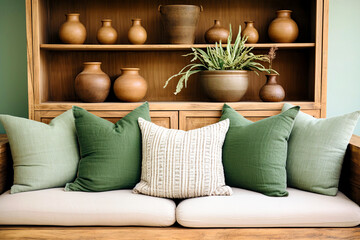 Farmhouse interior design of modern living room, home. Close up of sofa with green and beige pillows against wooden cupboard with clay vases. - obrazy, fototapety, plakaty