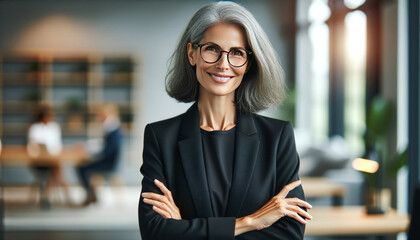 confident professional woman with grey hair and glasses, smiling and standing in a modern office environment.