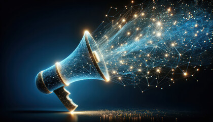megaphone made of glowing network connections, with data particles streaming out