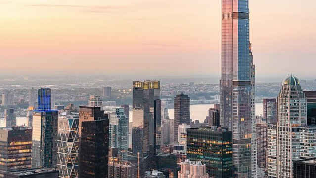 Billionaire's Row and Midtown Manhattan Skyline Aerial Timelapse Video with Pink Sunset