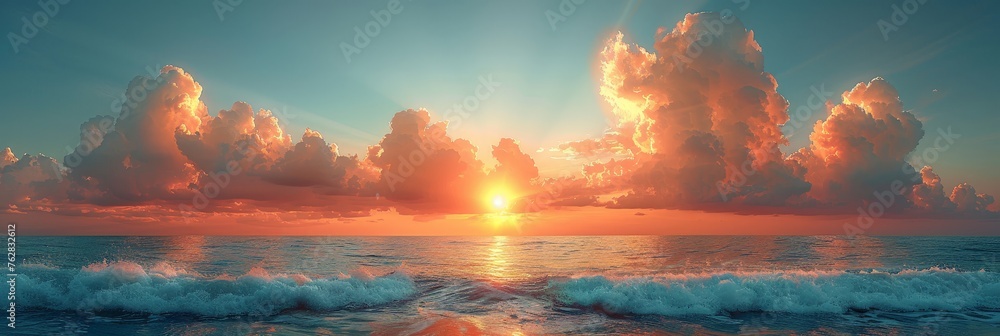 Poster the sun gracefully dips below the horizon, casting a warm glow over the tranquil ocean, while fluffy
