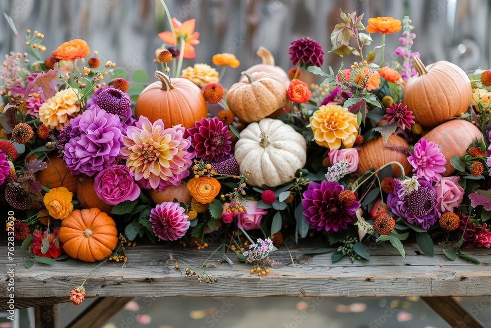 Poster a wooden table is adorned with an abundance of colorful flowers and ripe pumpkins, creating a vibran