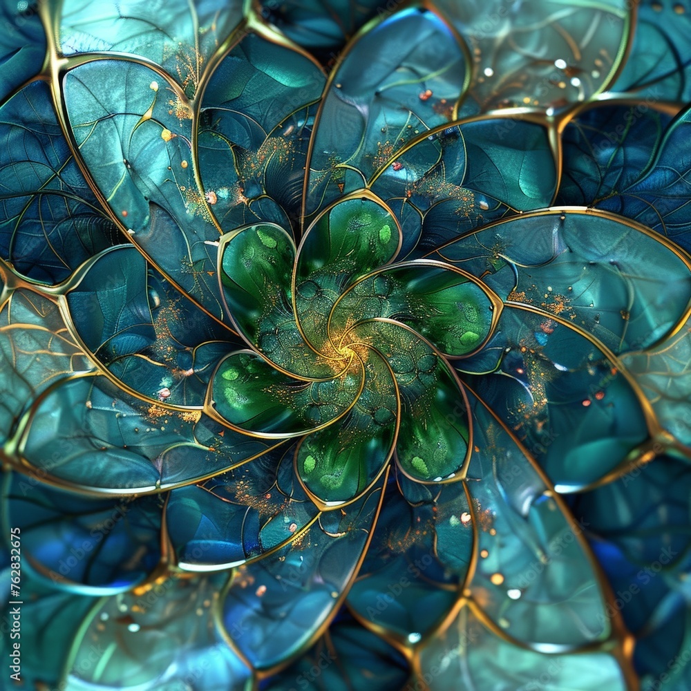 Poster a close-up view capturing the intricate details of a vibrant blue and green flower in full bloom