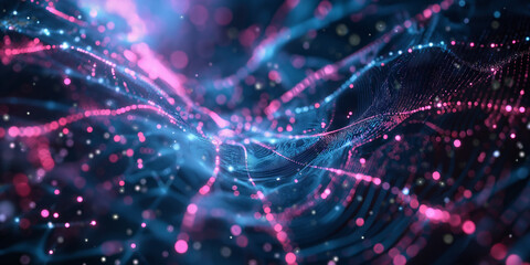 Abstract Network Connections with Vibrant Nodes and Light Trails on Dark Background.