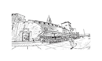 Print Building view with landmark of Split is the largest city in Croatia. Hand drawn sketch illustration in vector.