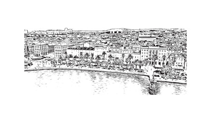 Print Building view with landmark of Split is the largest city in Croatia. Hand drawn sketch illustration in vector.