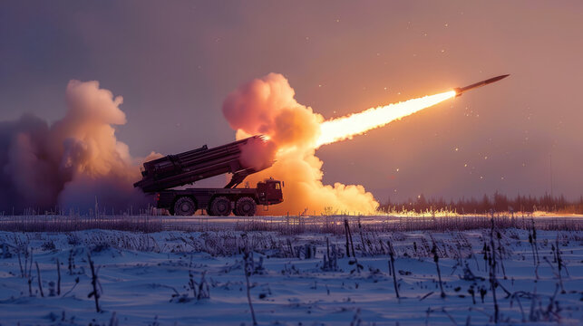 A missile is being launched from batteries to rise into the sky, with smoke and dust trailing behind it. The background depicts an open winter field. In front stands a combat vehicle on wheels