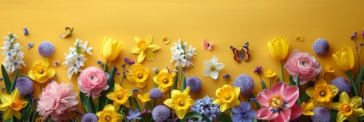 A beautiful spring bunch of flowers  on yellow background 