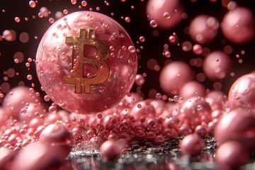 A pink ball prominently displays a bitcoin symbol, surrounded by a whimsical array of bubbles floating magically in the air