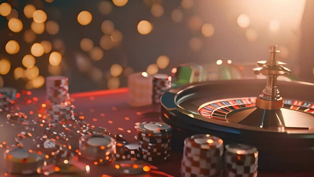 casino, gamble, poker, money, luck, chance, Podium with smartphone, casino slot machine, Casino Roulette , cards and poker chips in dark gold scene.