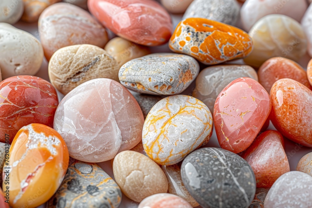 Poster a stack of vibrant rocks of varying sizes and hues, creating a whimsical and artistic display of col
