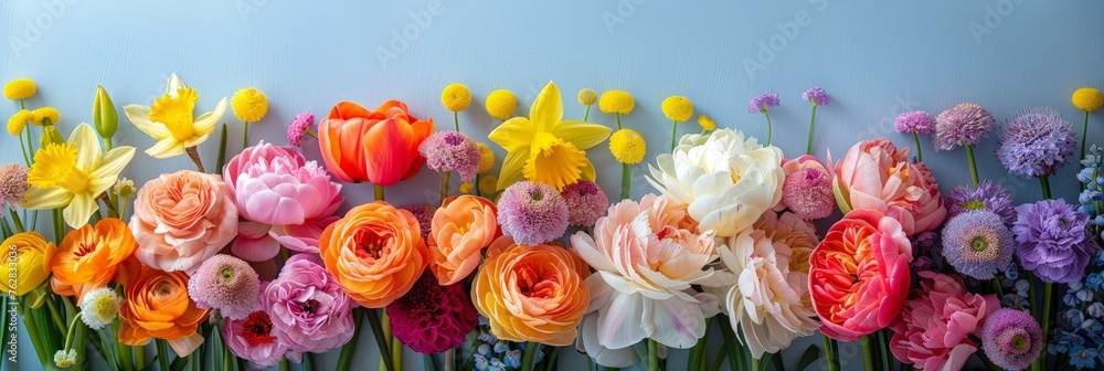 Poster a vibrant assortment of flowers are elegantly displayed on a wall, adding a touch of nature and beau