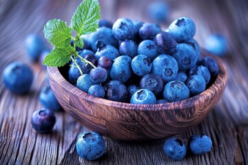 A wooden bowl overflows with plump blueberries, nestled on a rustic wooden table in a perfect arrangement - obrazy, fototapety, plakaty