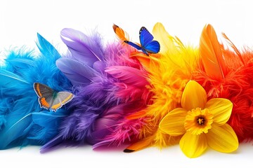 Colorful feathers are delicately arranged with a butterfly gracefully perched on top, creating a magical and enchanting scene of natures beauty