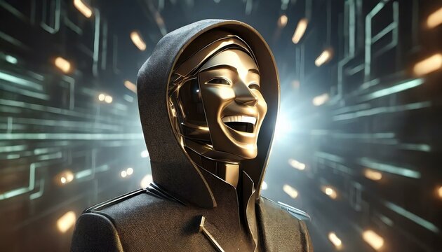Illustration of an Artificial Intelligence represented in humanoid form that lost control and became very dangerous or was used by malicious human beings to commit evil.	