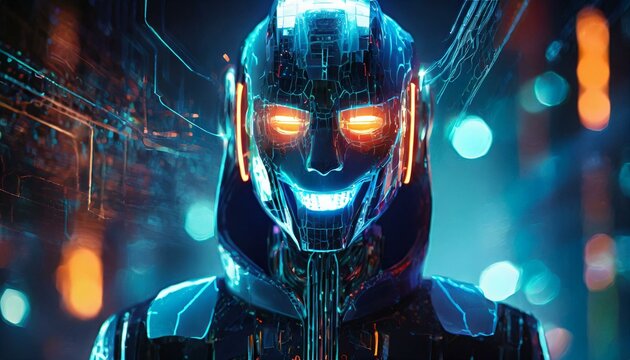 Illustration of an Artificial Intelligence represented in humanoid form that lost control and became very dangerous or was used by malicious human beings to commit evil.	