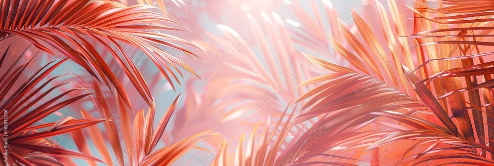 Poster A close up of a cluster of palm trees swaying gently in the breeze, their fronds rustling and creating a mesmerizing rhythm against the sky