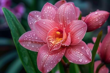 A pink orchid with water droplets on its petals, surrounded by green foliage