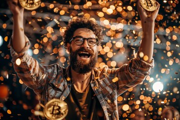 Ecstatic bearded man raising Bitcoin tokens with a wide smile, surrounded by a festive shower of confetti - obrazy, fototapety, plakaty