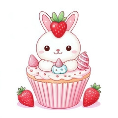 Naklejka premium Cute kawaii strawberry and vanilla cupcake with sweet bunny and candies - generated by ai