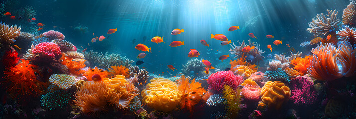 Fototapeta na wymiar Underwater with colourful sea life, Fantasy concept showing a Great Barrier Reef Australia A colorful array of underwater wildlife 