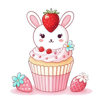 Cute kawaii strawberry and vanilla cupcake with sweet bunny and candies - generated by ai