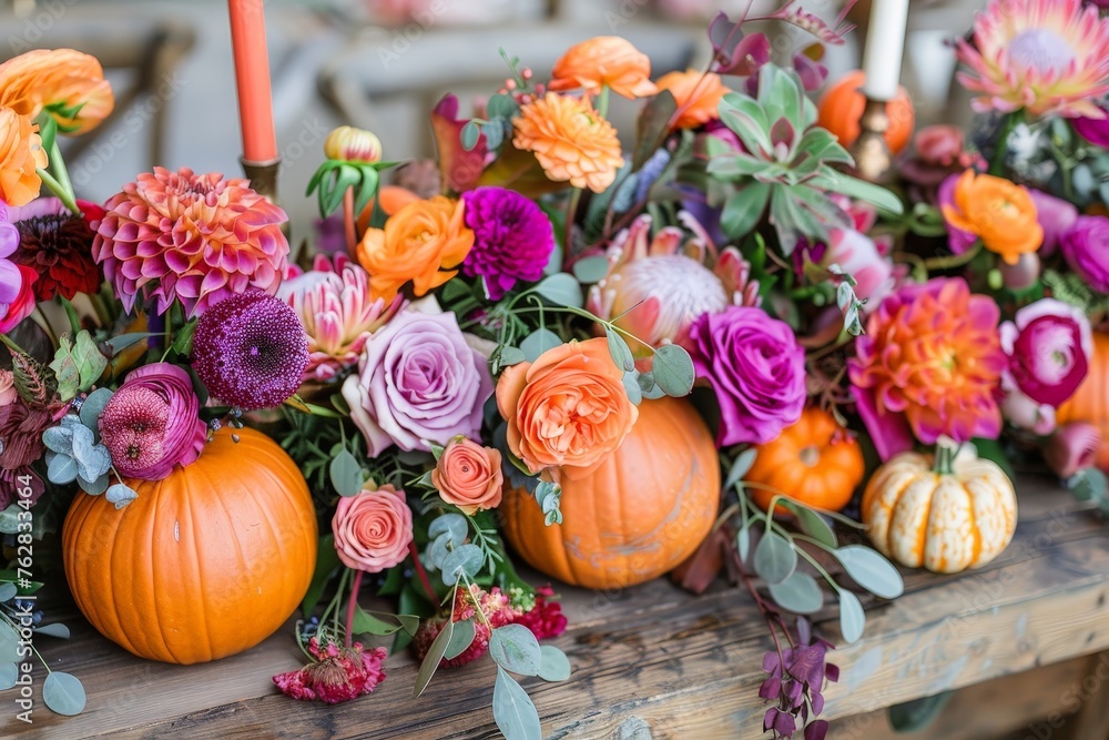 Poster a wooden table adorned with a plethora of colorful flowers and pumpkins, creating a vibrant and fest