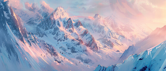 A panoramic view of the snowcovered mountains in Norway, with skiers and hikers navigating through...