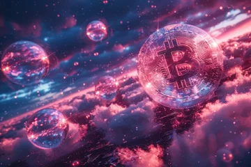 Fotobehang A golden bitcoin rises in the sky, surrounded by iridescent bubbles floating gently around it © nnattalli