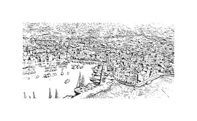 Print Building view with landmark of Split is the largest city in Croatia. Hand drawn sketch illustration in vector.