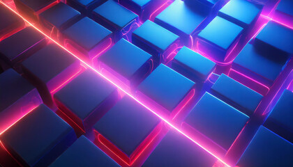 Horizontal High-Resolution Photorealistic Image of a Glowing 3D Neon Maze. Perfect for Futuristic Concepts, Cyberpunk Aesthetics, Game Design, Abstract Backgrounds, and Website Hero Sections.